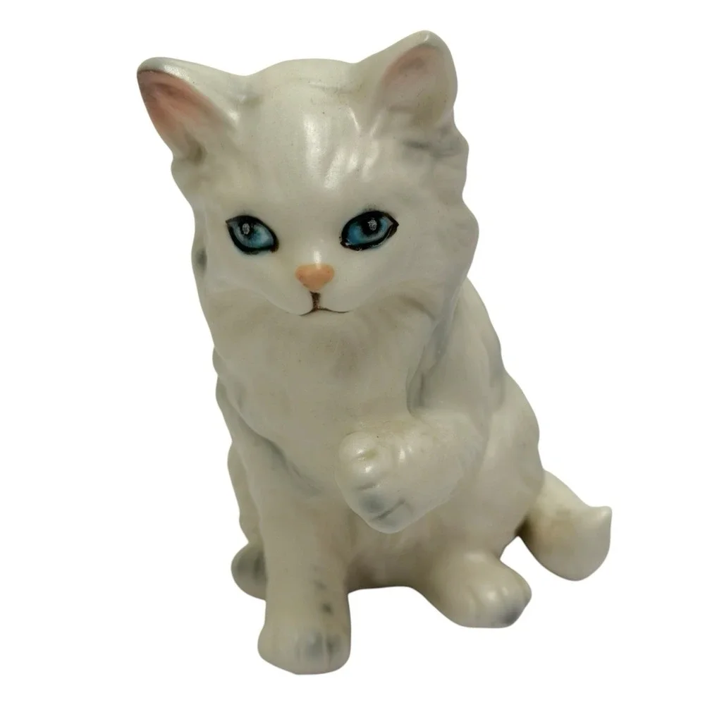 Vintage Lefton H1513 White Gray Persian Kitten Cat‎ Figurine Porcelain Japan